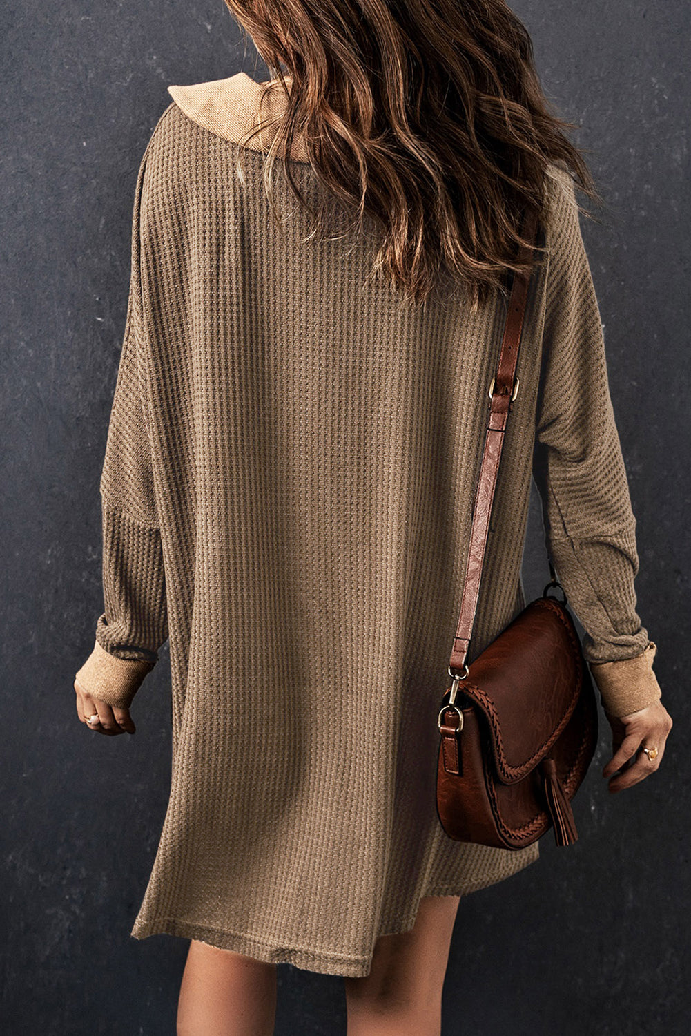 Waffle Knit Buttoned Long Sleeve Top | Brown