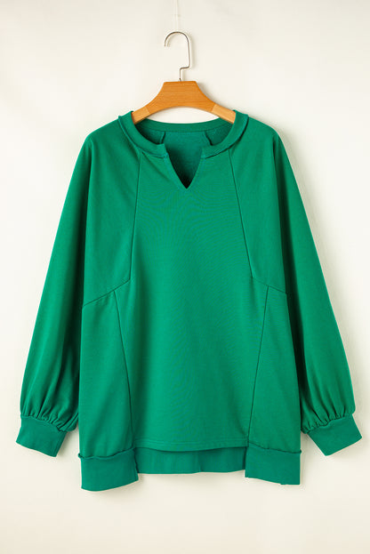 Exposed Seam Notched Neck Drop Shoulder Plus Sweatshirt | Bright Green