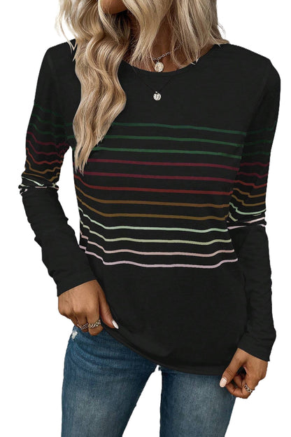 Multicolour Striped Crew Neck Long Sleeve Top | Black