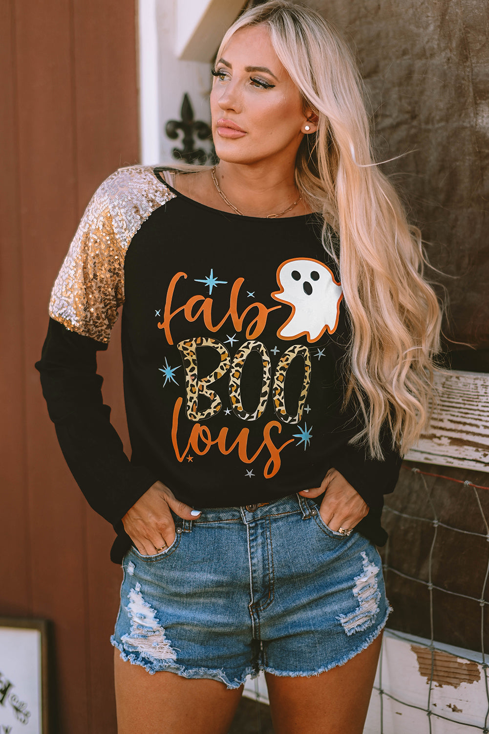 Leopard Boo Ghost Graphic Sequin Raglan Sleeve Top | Black