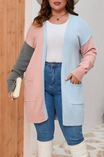 Plus Size Colourblock Pocketed Open Front Cardigan | Multicolour