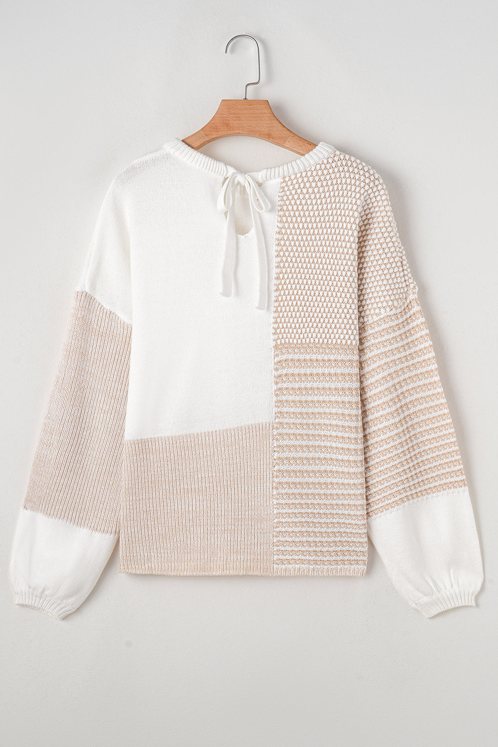 Mixed Pattern Knit Tie Keyhole Drop Shoulder Sweater | Oatmeal