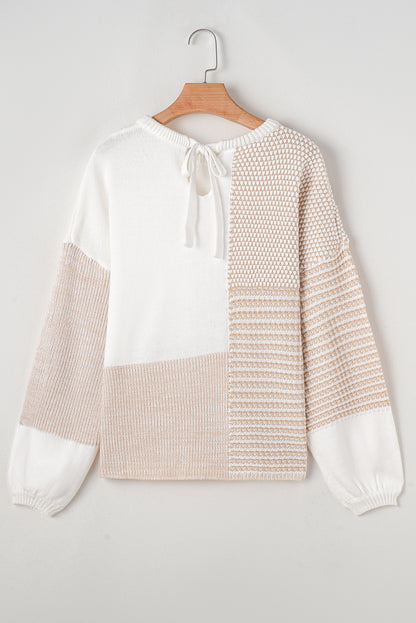 Mixed Pattern Knit Tie Keyhole Drop Shoulder Sweater | Oatmeal