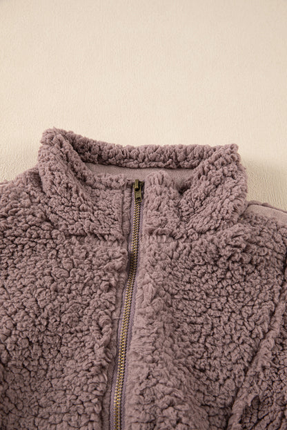 Dusty Pink Collared Neckline Half Zip Fluffy Pullover Sweatshirt | dusty pink