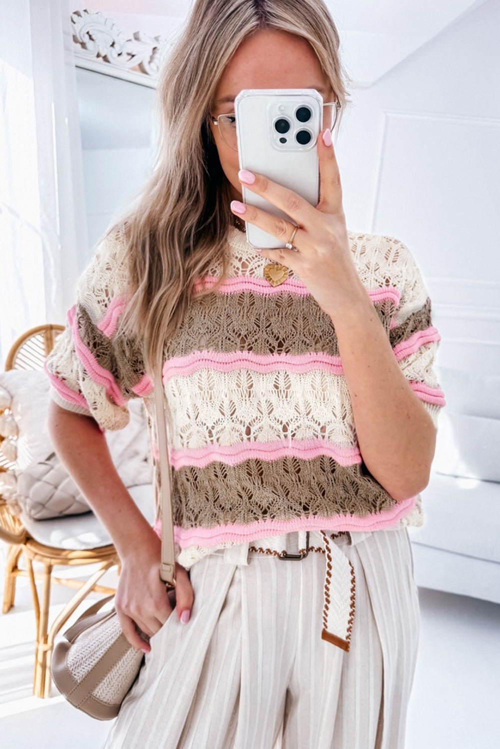 Colour Block Hollow Out Crochet Half Sleeve Sweater | Brown Stripe