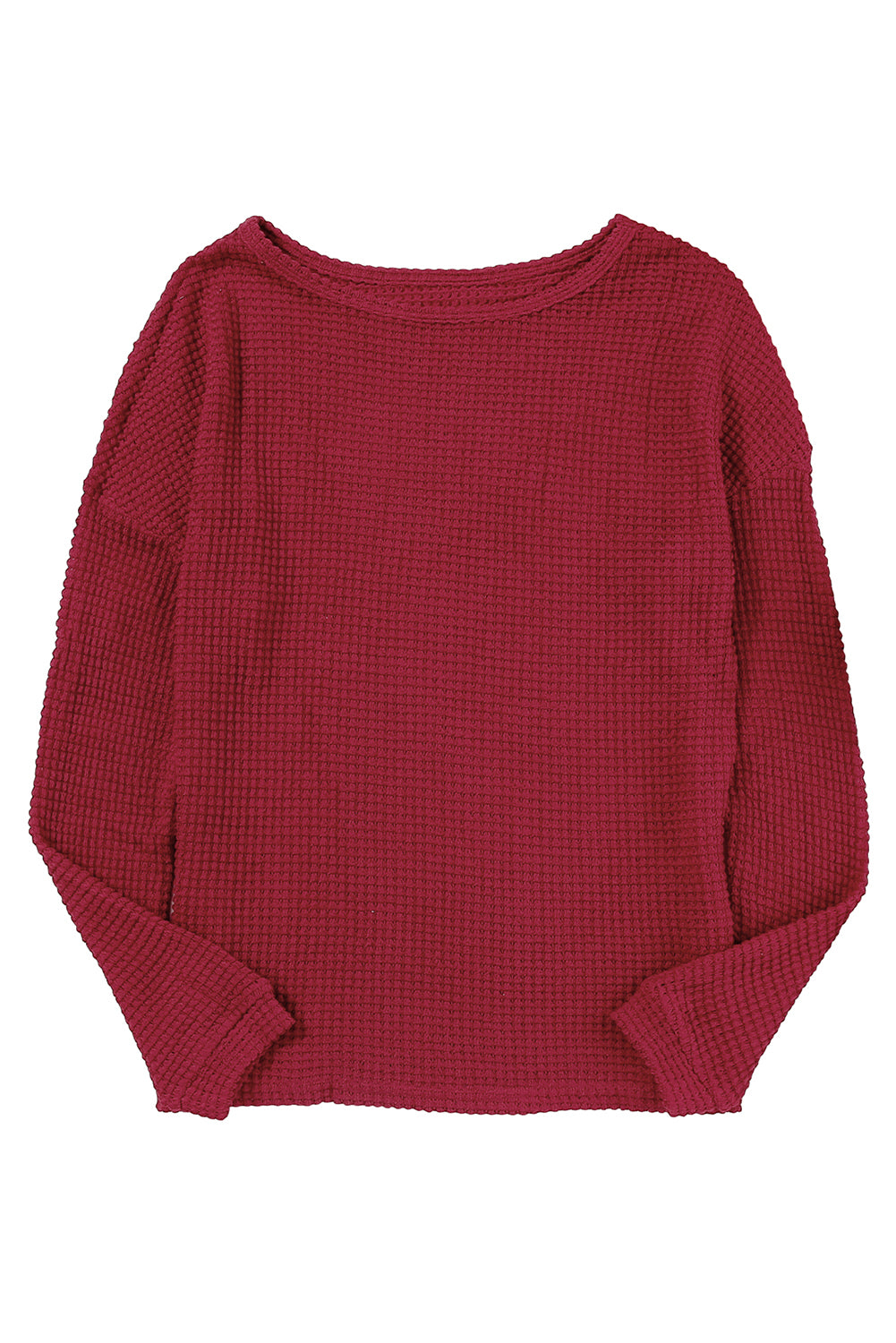 Fiery  Waffle Knit Drop Shoulder Long Sleeve Top | Red