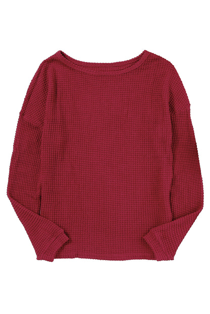 Fiery  Waffle Knit Drop Shoulder Long Sleeve Top | Red