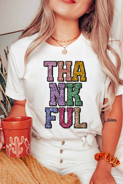 Heat-Transfer Printed Thankful Letter Graphic T Shirt | White