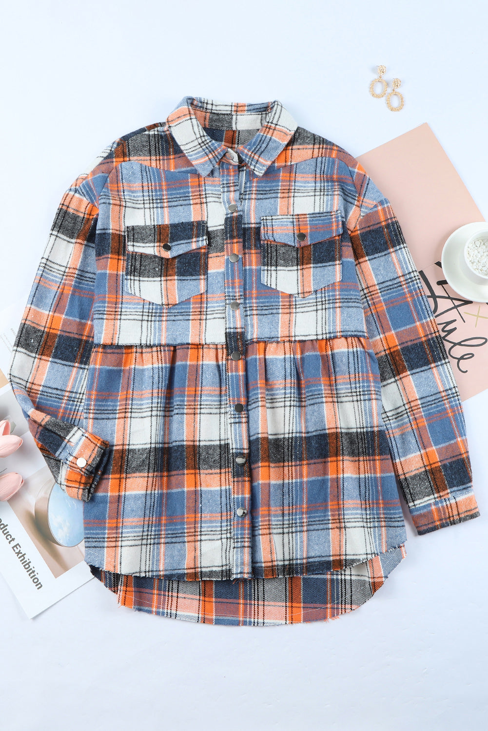 Plaid Button Down Ruffled Shirt Jacket | Multicolour