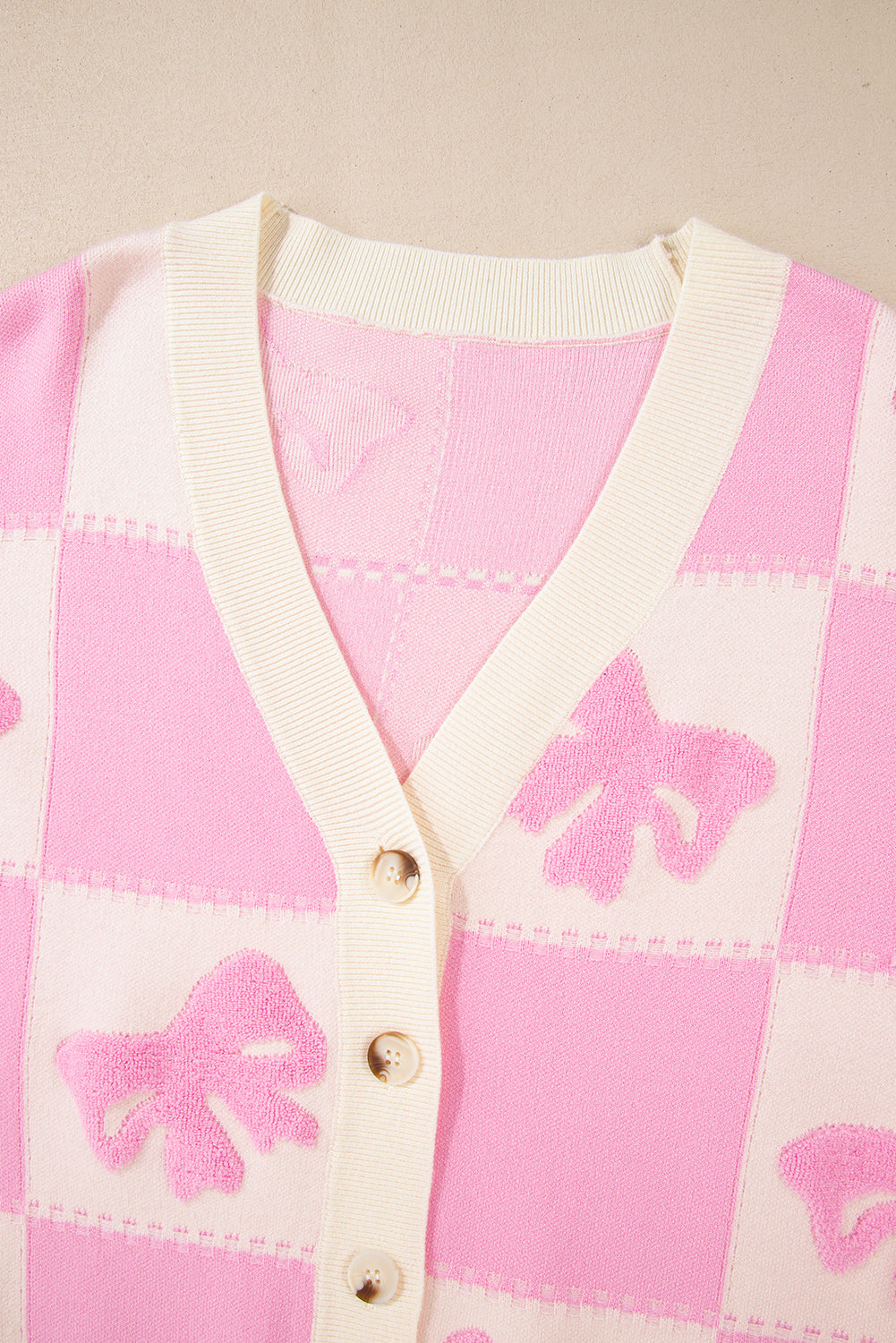 Bowknot Checkered Pattern V Neck Drop Shoulder Button Up Cardigan | Pink