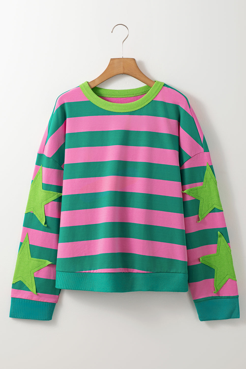 Star Patchwork Round Neck Pullover Sweatshirt | Pink Stripe