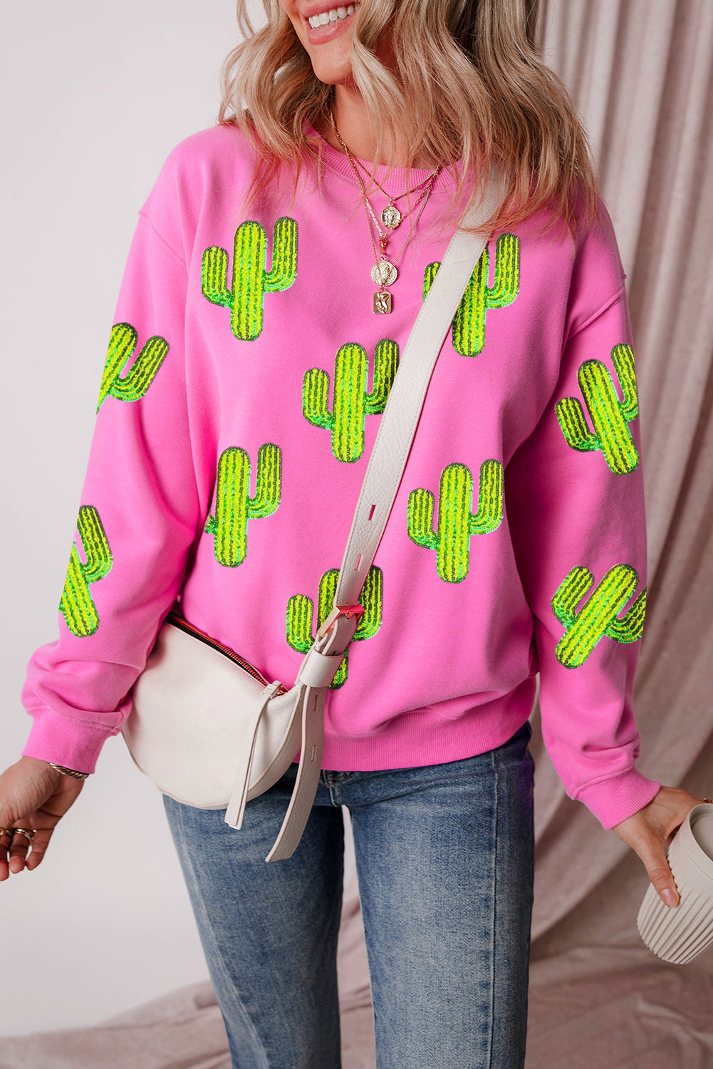 Sequined Cactus Pattern Crewneck Pullover Sweatshirt | Bonbon