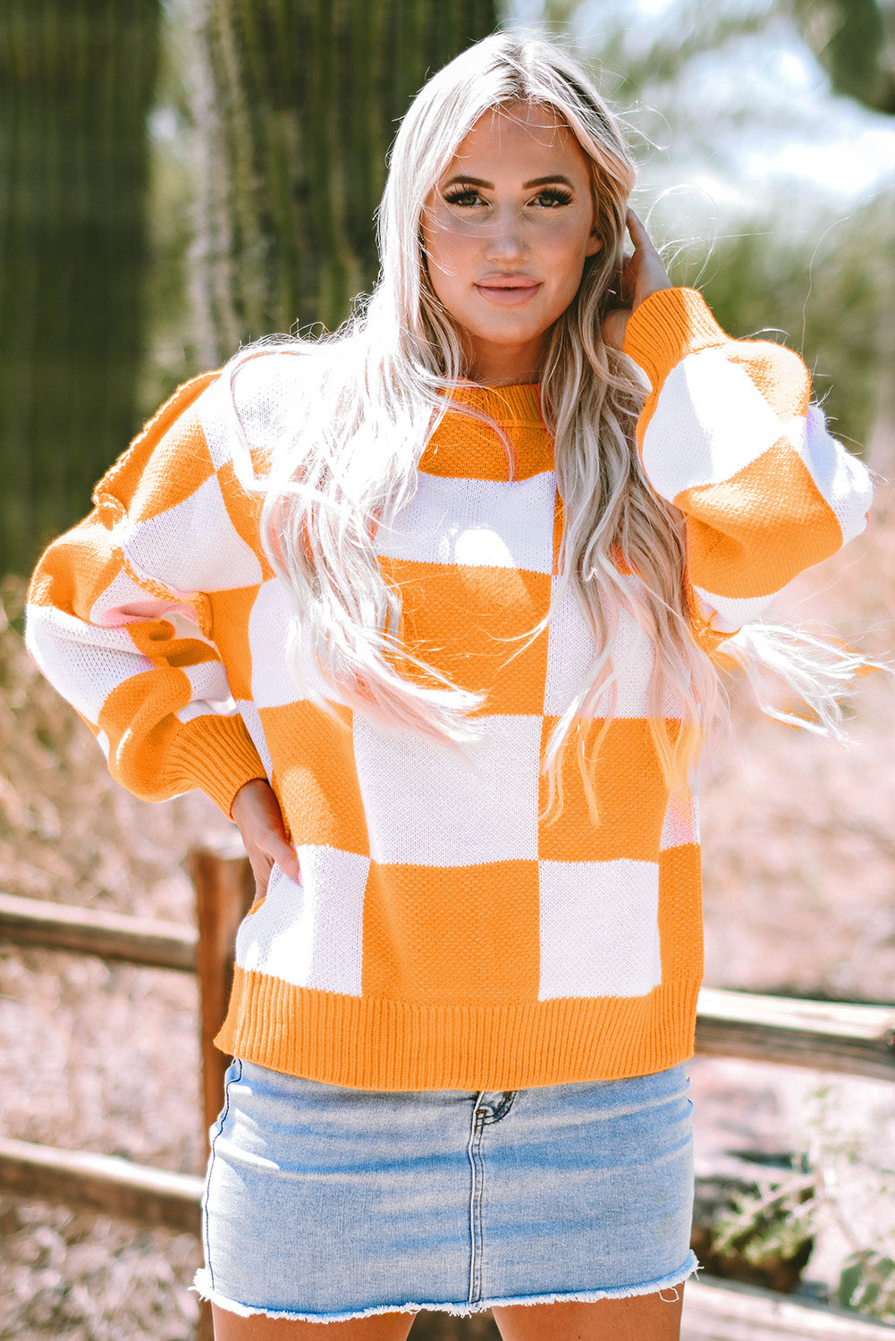 Orange Checkered Bishop Sleeve Sweater | Grapefruit Orange