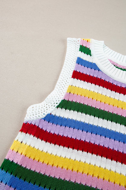 Striped Knitted Eyelet Slim Sweater Vest | Multicolour