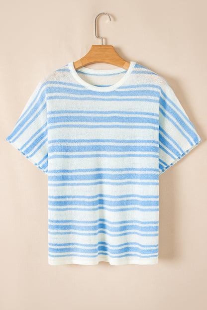 Boxy Fit Wide Sleeve Sweater T Shirt | Sky Blue Stripe