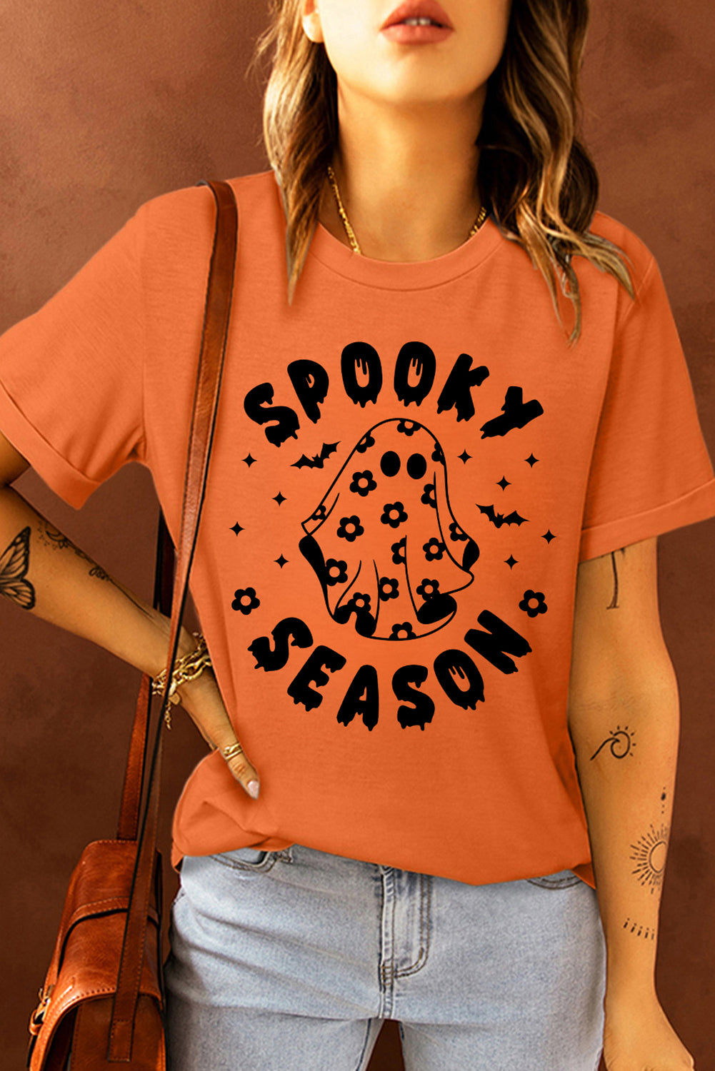 Spooky Season Ghost Print Crew Neck Halloween Tee | Orange