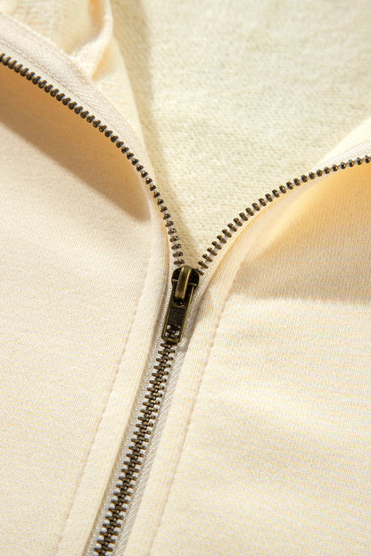 Fleece Lined Half Zipper Kangaroo Pockets Loose Hoodie | Beige