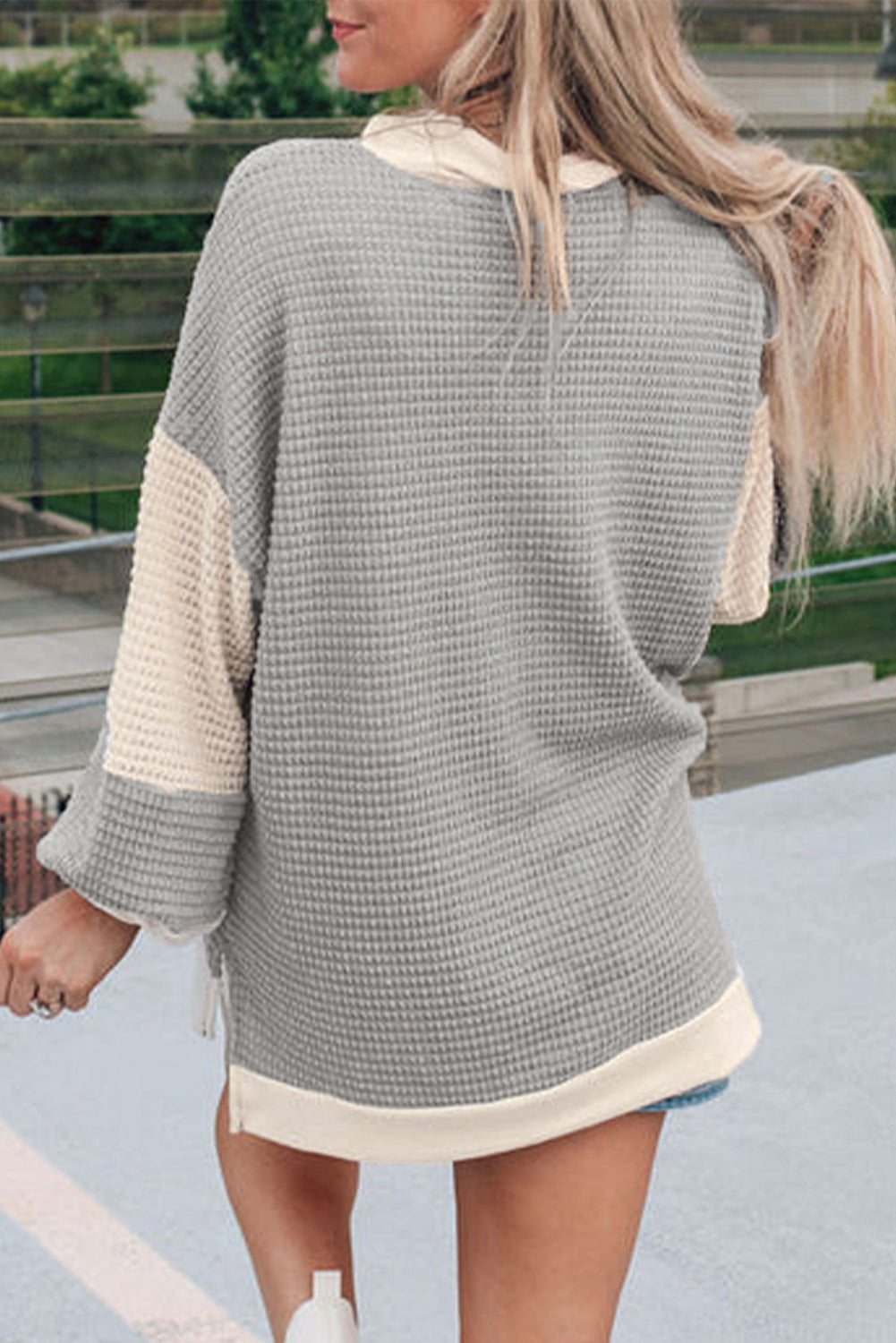 Textured Colourblock Collared Henley Top | Khaki