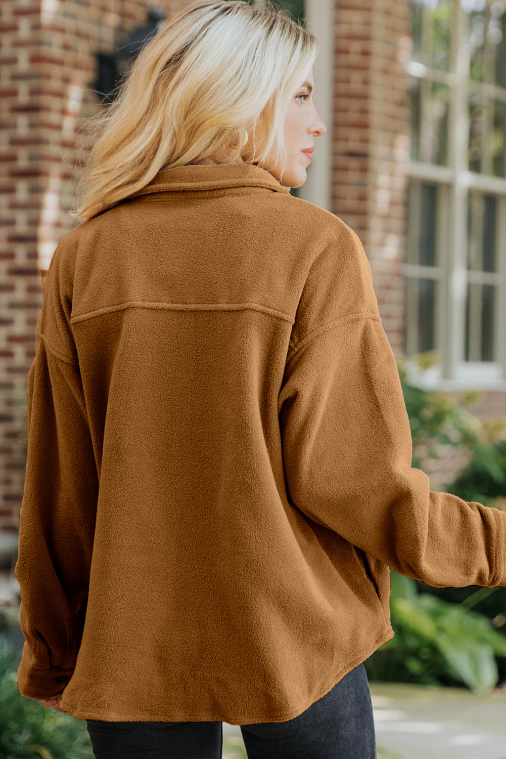 Chest Pocket Button Up Fleece Shacket | Camel