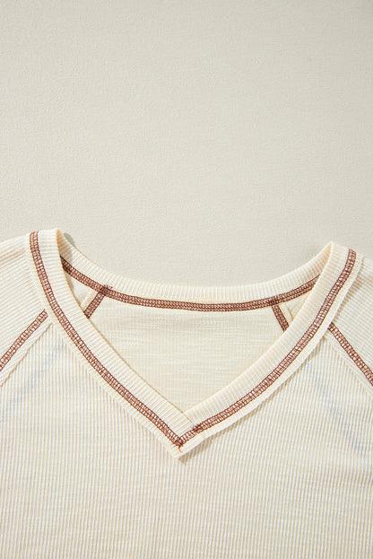 Exposed Seam Textured Knit V Neck Pullover Top | Beige