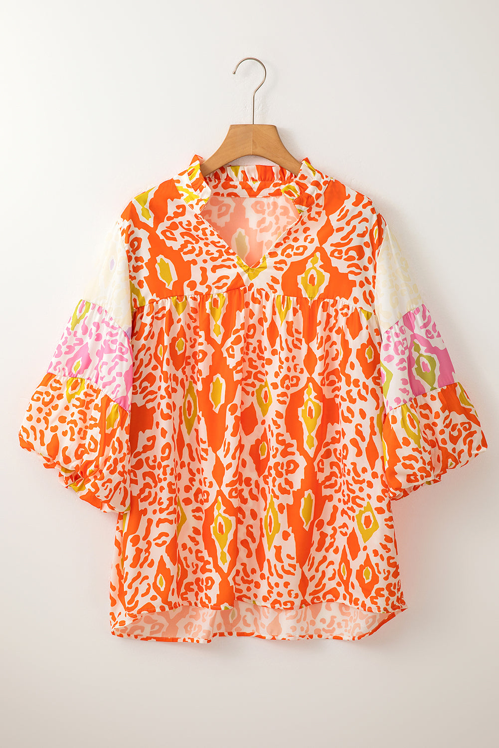 Leopard Colourblock Puff Sleeve Split Neck Blouse | Orange