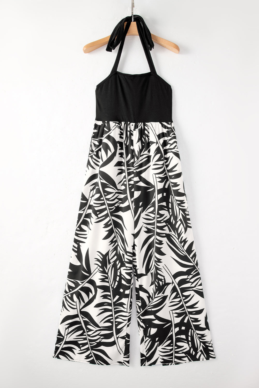 Halter Tropical Plant Print Wide Leg Jumpsuit | Black