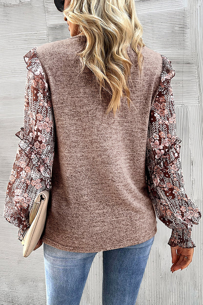 Ruffle Tiered Floral Sleeve Crew Neck Blouse | Pale Chestnut