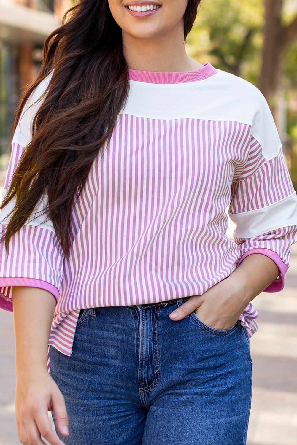 Striped Patchwork 3/4 Sleeve Casual Top | Phalaenopsis