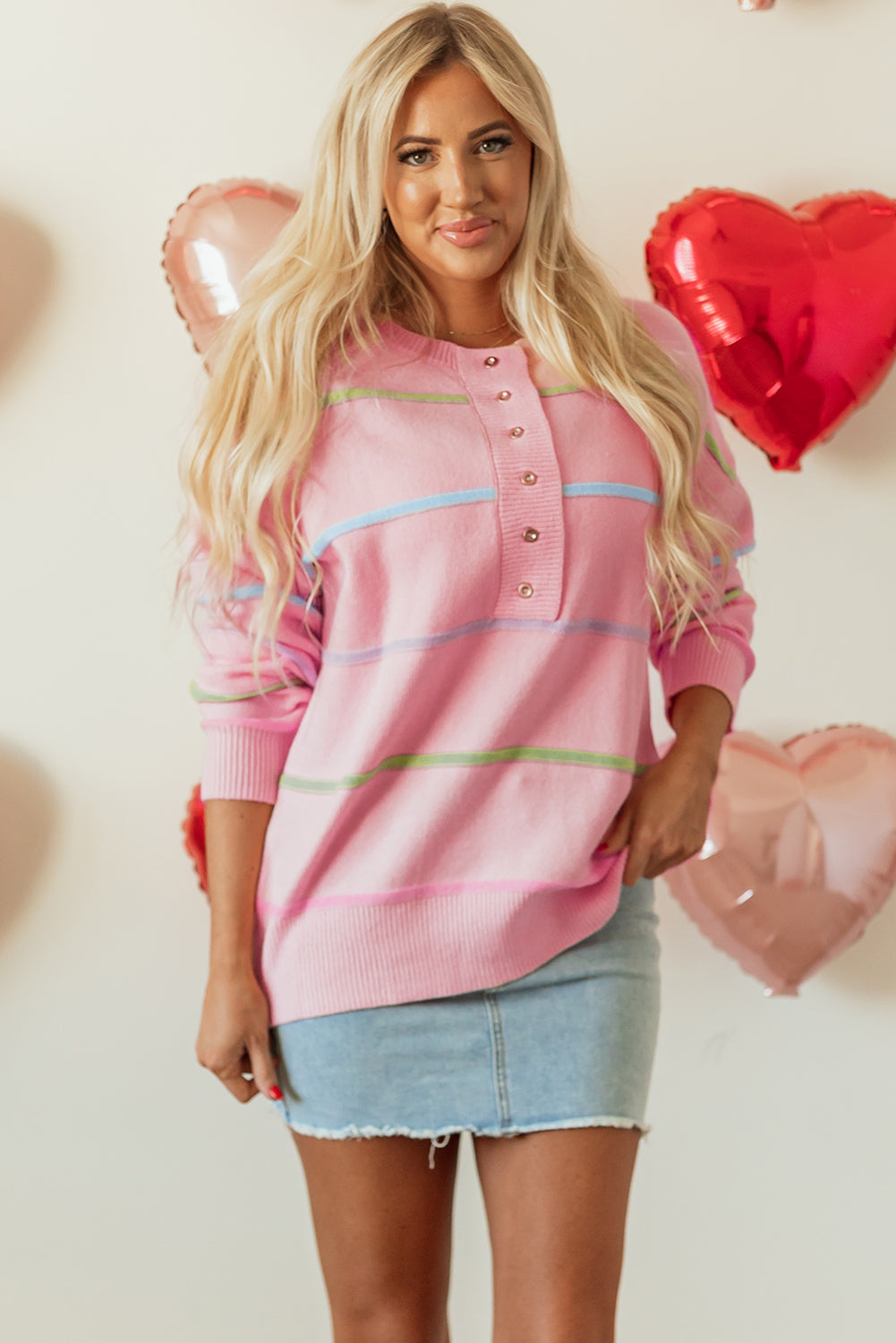 Pink Rainbow Stripes Drop Shoulder Baggy Henley Sweater