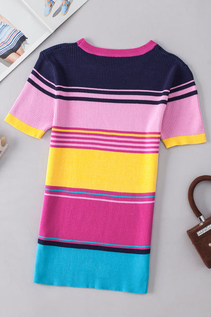 Mixed Stripes Ribbed Knit Top | Pink