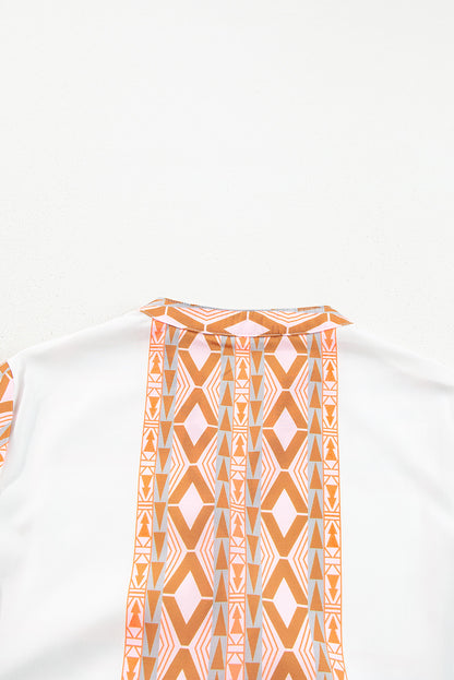 Geometric Print Ruffle Tiered Button V Neck Dress | Orange