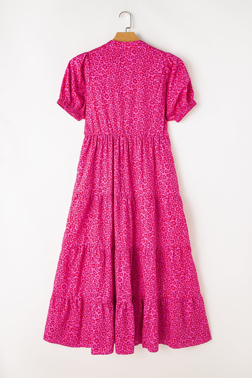 Flower Mock Neck Puff Sleeve Tiered Maxi Dress | Rose Red