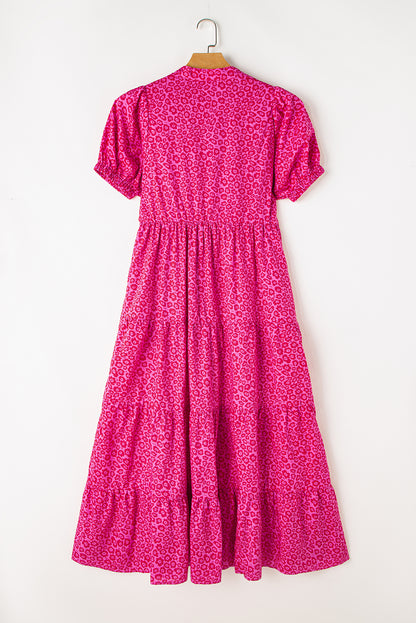 Flower Mock Neck Puff Sleeve Tiered Maxi Dress | Rose Red