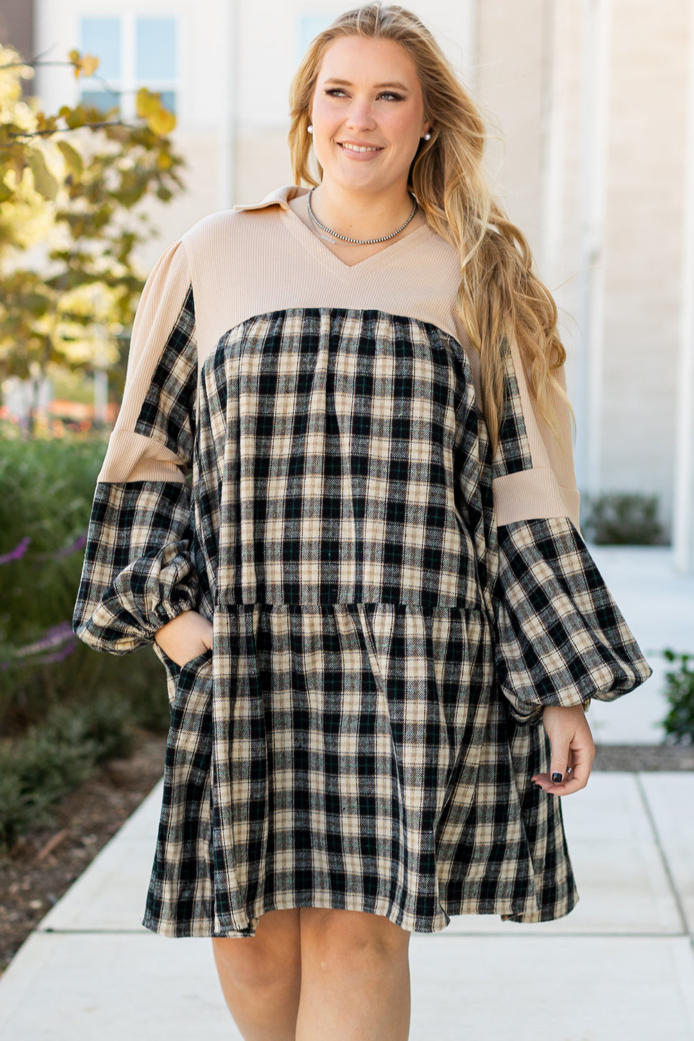 Plaid Waffle Knit Patchwork Collared V Neck Plus Size Mini Dress | Black