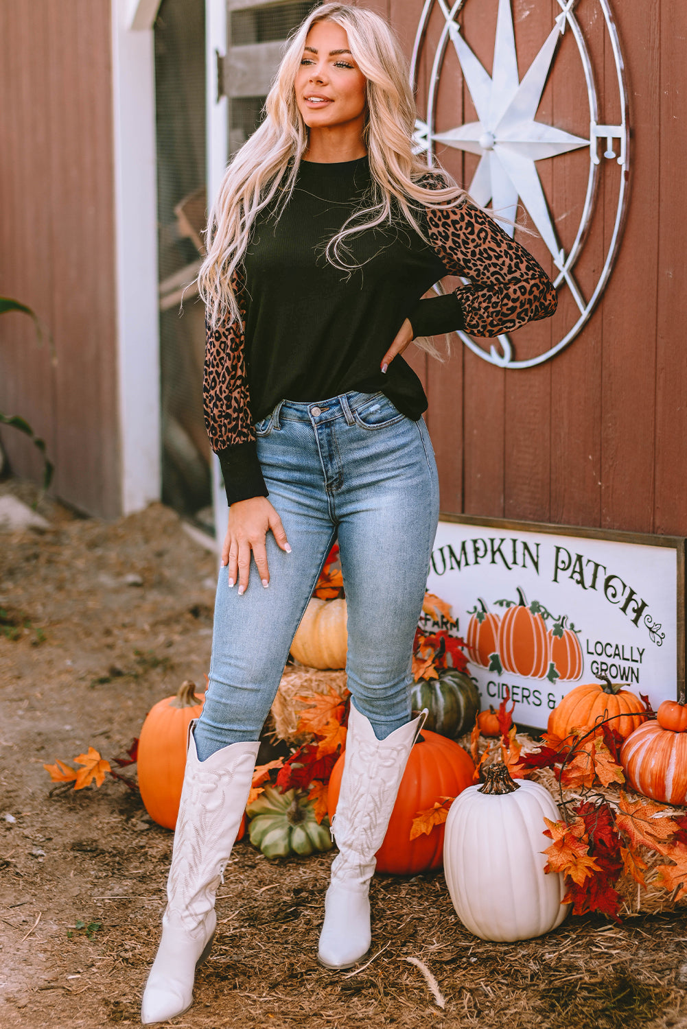 Leopard Print Long Sleeve Ribbed Knit Blouse | Black