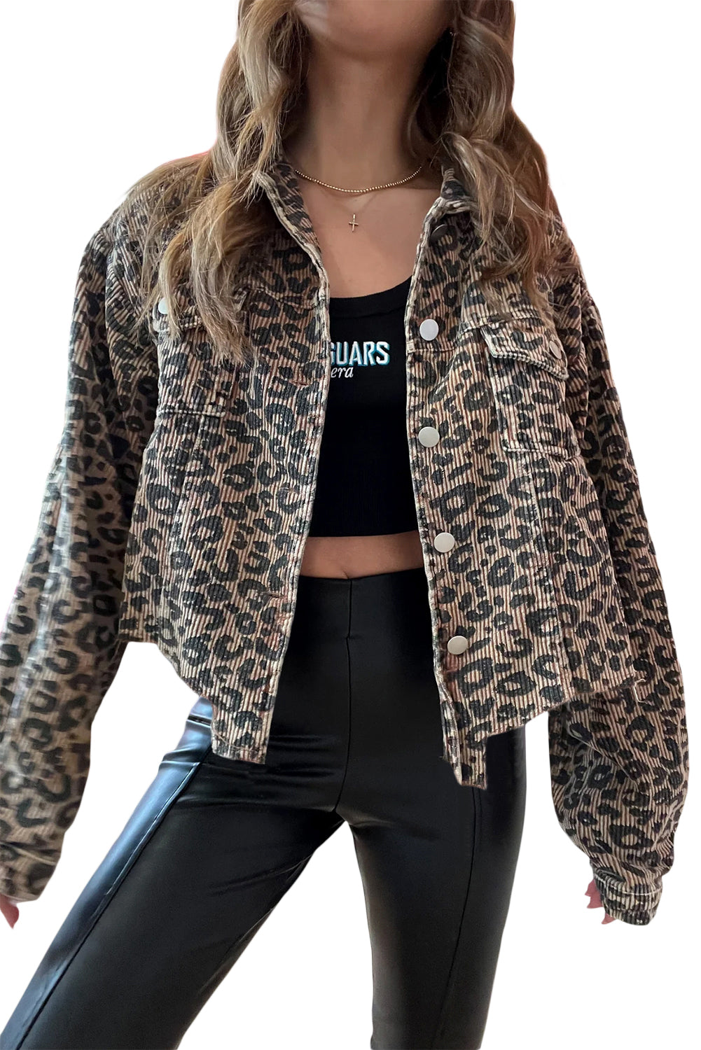 Leopard Print Corduroy Irregular Hem Buttoned Jacket | Dark Khaki