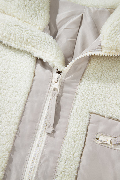 Chest Pocket Full Zipper Fuzzy Fleece Jacket | White