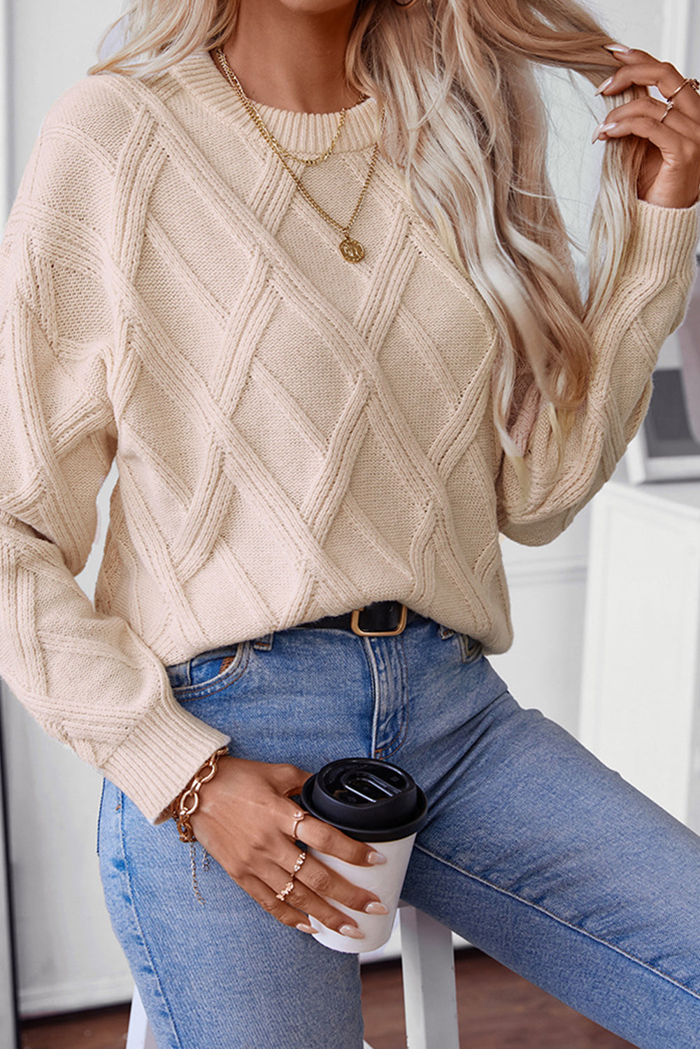 Diamond Pattern Textured Crew Neck Sweater | Apricot