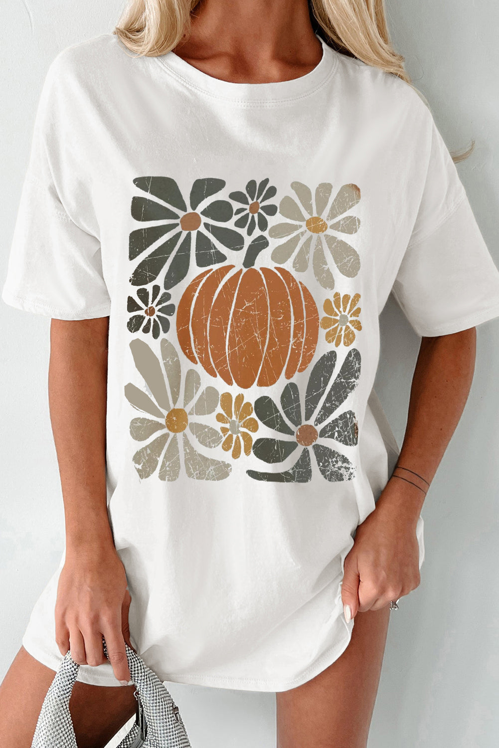 Thanksgiving Pumpkin Print Loose Crewneck Tunic T Shirt | White