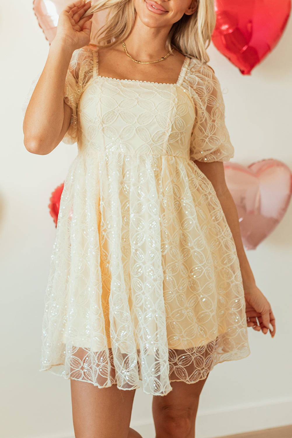 Sequined Lace Mesh Bubble Sleeve Square Neck Dress | Apricot