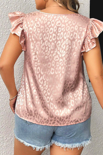 Plus Size Leopard Print Ruffled Flutter Sleeve Satin Blouse | Pink