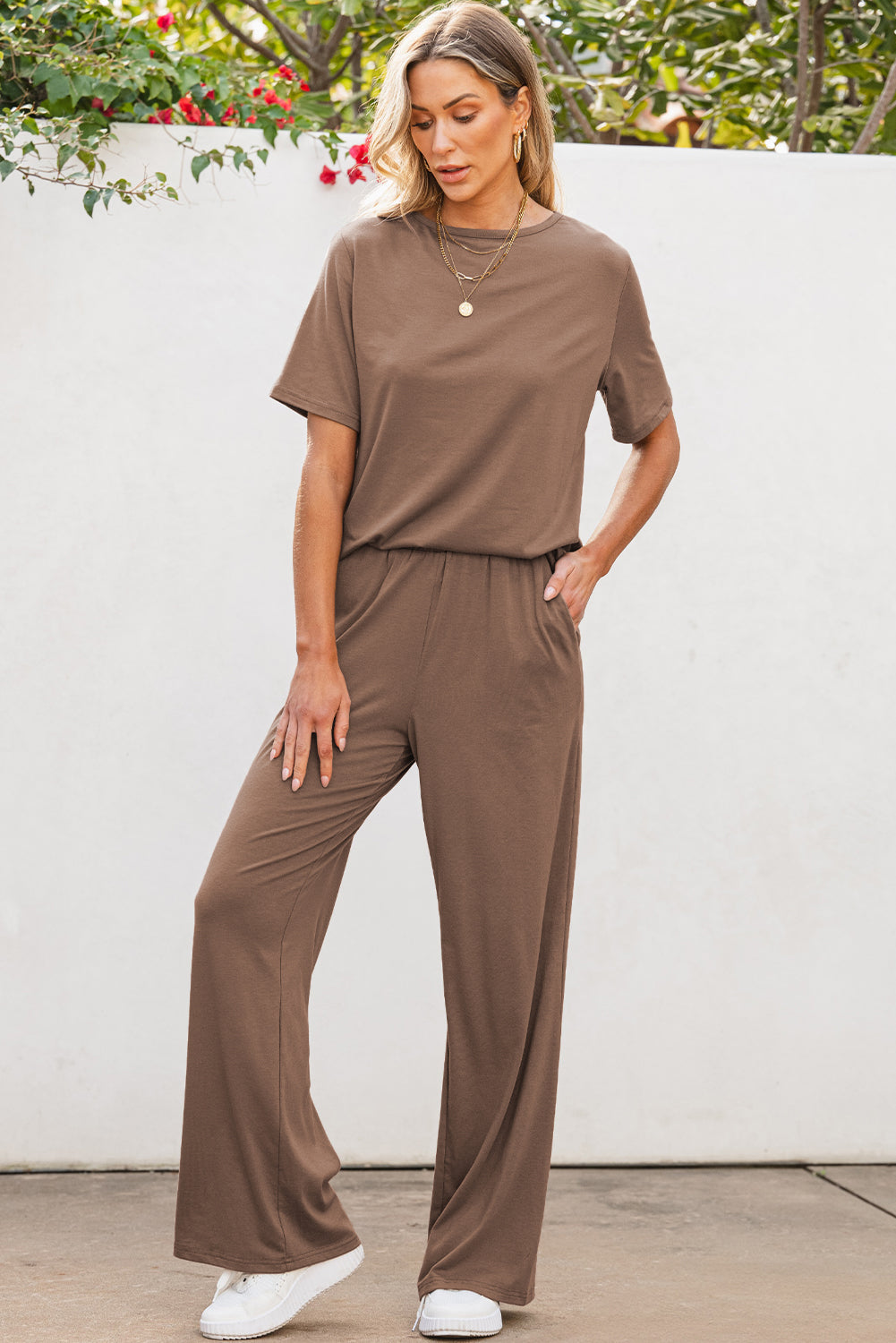 Solid Colour T Shirt 2 Piece Wide Leg Pants Set | Smoke Gray