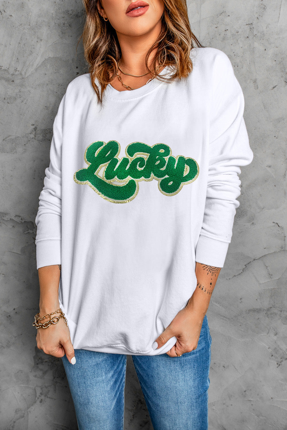 Shiny Trim Chenille Lucky Pattern Sweatshirt | White