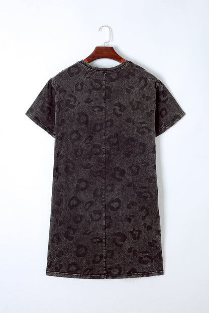 Vintage Washed Leopard T-Shirt Dress With Pockets | Gray