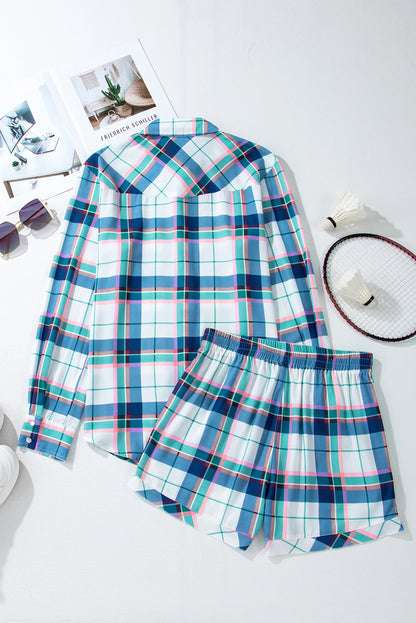 Plaid Print Shirt And Shorts 2Pcs Lounge Set | Blue