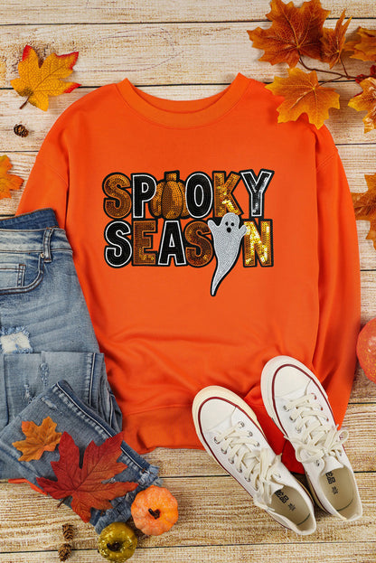 Sequin Spooky Season Ghost Pattern Halloween Pullover Sweatshirt | Russet Orange