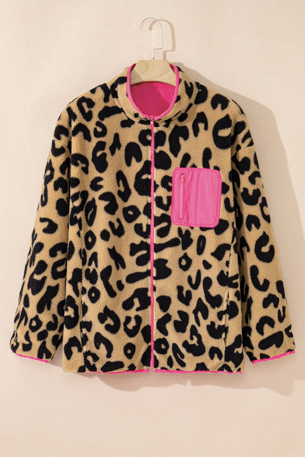 Plus Size Colour Block Chest Pocket Sherpa Jacket | Leopard