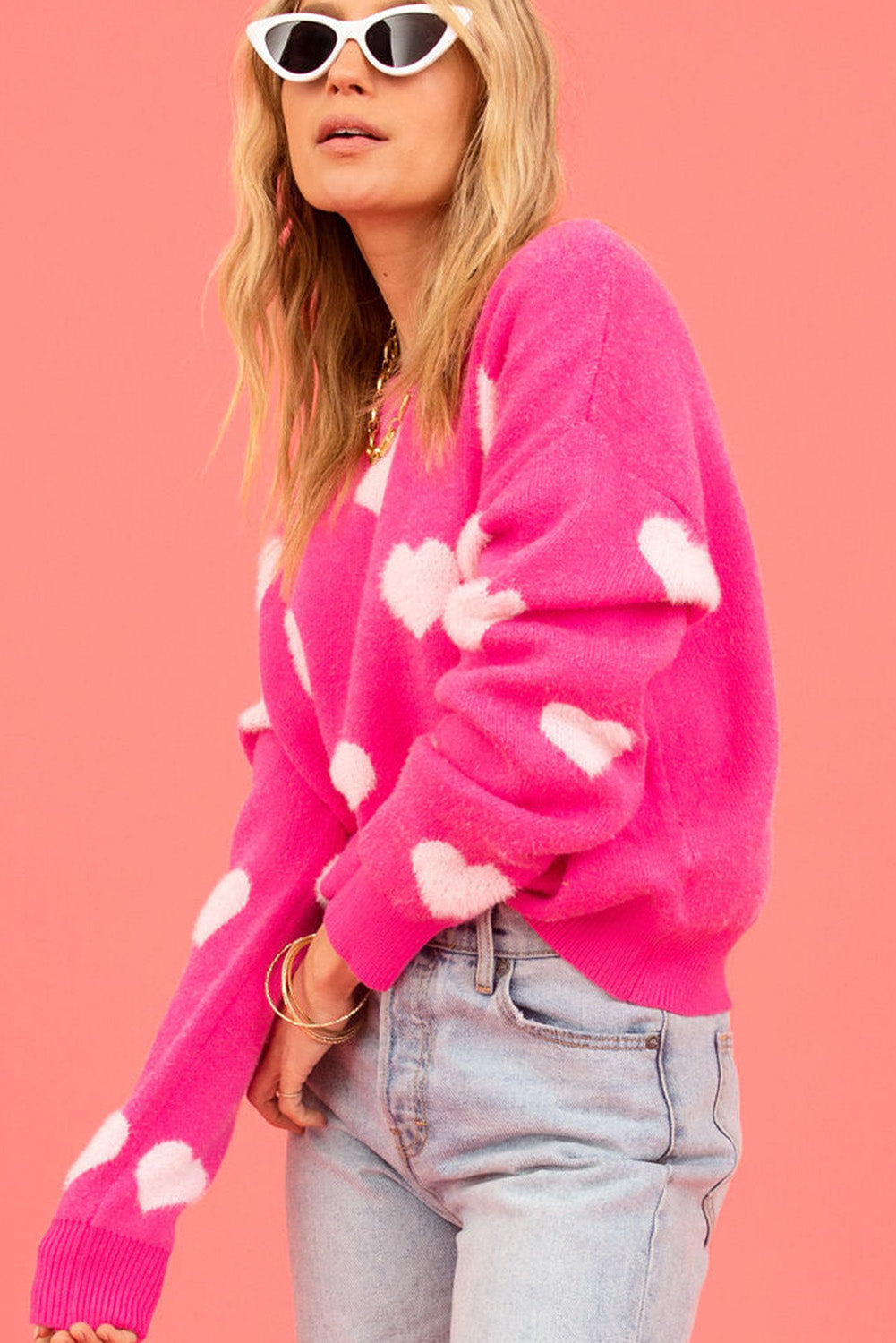 Fuzzy Valentine Hearts Drop Shoulder Sweater | Bright Pink