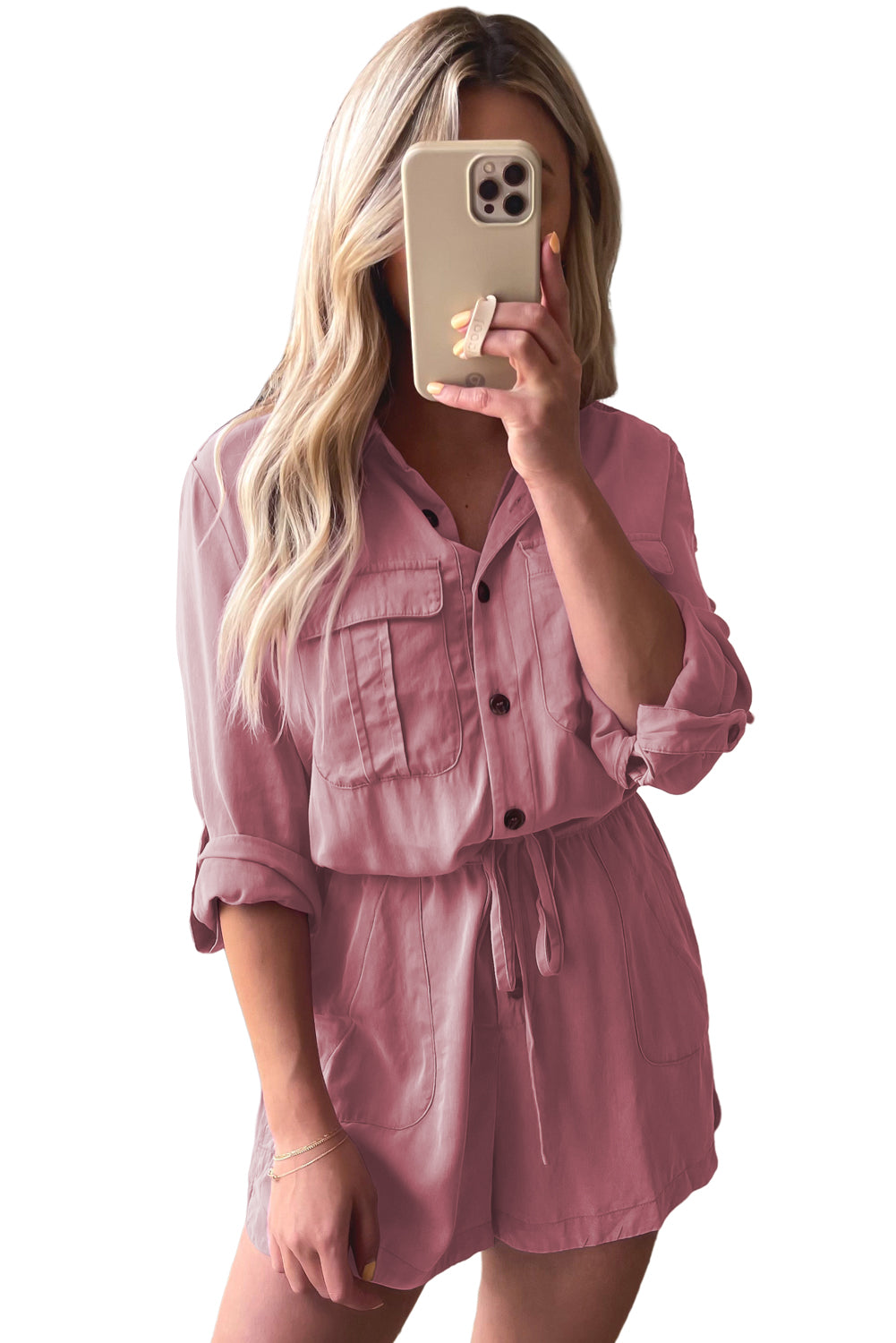 Roll Up Sleeve Flap Pockets Drawstring Playsuit | Peach Blossom