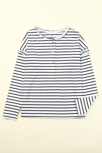 Striped Print Ruffled Buttoned Long Sleeve Top | White